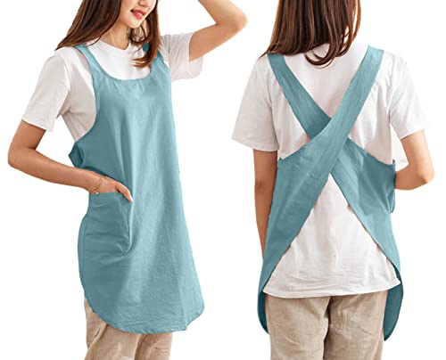 Cotton Cross Back Aprons Solid Color Cooking Kitchen Garden Smock for Women Girls with Pockets (Green / 37W x 32L)