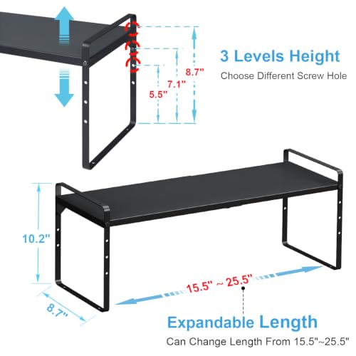 15.5 to 25.5 Inch Expandable Kitchen Cabinet Organizer Shelf (2 Pack:15.5"-25.5"Long / Black)
