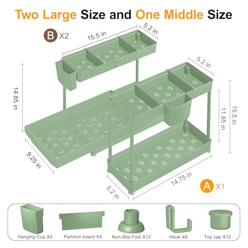 3-Pack 2-Tier L-Shaped Under Sink Organizers with Sliding Drawers (Green / 14.85 Inch)
