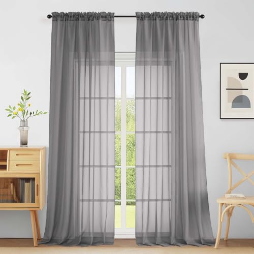 Extra Wide Charcoal Grey Sheer Curtains for Window 96 Inches Long 2 Panels Set (59"W x 96"L (Pack of 2) / Charcoal Grey)