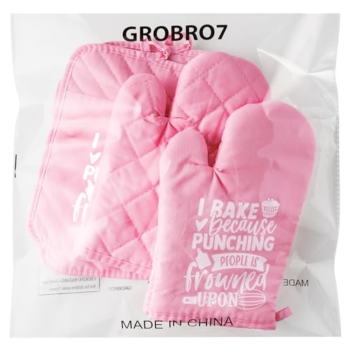 6Pcs Cotton Oven Mitts Pot Holders Funny Women Resistant Hot Pads Machine Washable Microwave Gloves with Hanging Loop Pocket Potholder for Kitchen Baking Cooking GrillingPink (Funny Woman & Pink)
