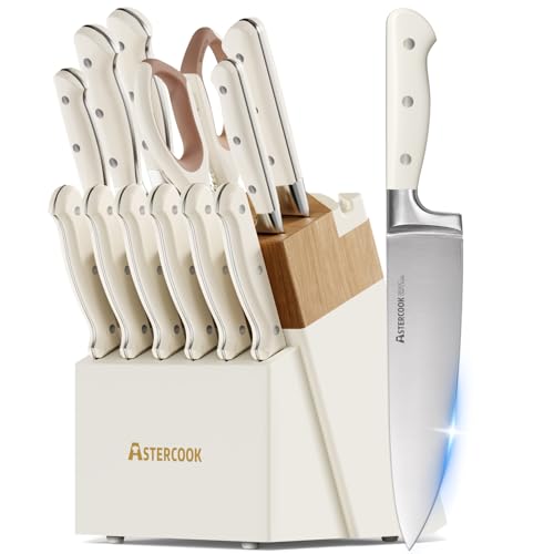 Knife Set Astercook Kitchen Knife Set with Block 14 (Cream White)