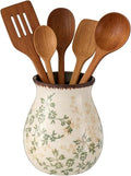 Rustic Ceramic Utensil Holder for Kitchen Counter Farmhouse Cooking Utensil Crock Vintage Kitchen Utensil Organizer Spatula Spoon Holder for Countertop Kitchen Decor (Green)