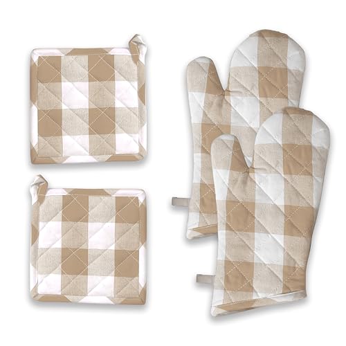 Buffalo Plaid Check Oven Mitts and Pot Holders Set (Beige, Buffalo Plaid)