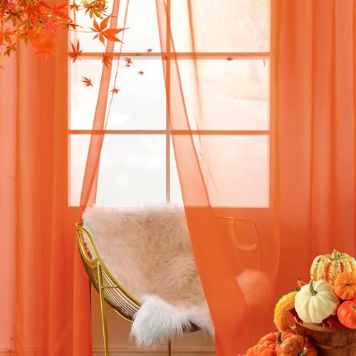 Solid Sheer Rod Pocket Curtain Voile Draperies 2 Panels White Beige Black Grey Coffee 52 Inch Width 63 Inch Long 1 Pair for Kitchen Bedroom Children Living Room Yard (Burnt Orange / 52"W x 63"L (Pack of 2))