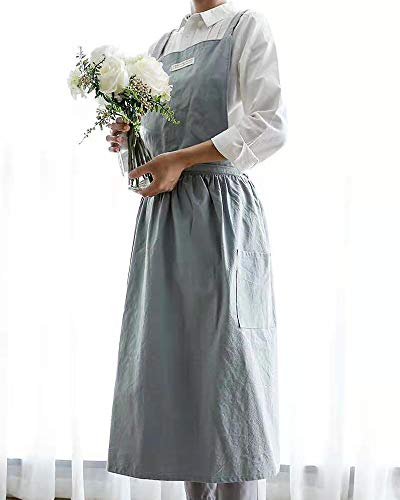 Cotton and linen Kitchen Cooking Aprons Dress for Women with Pockets Cute for Baking Painting Gardening Cleaning (Light Blue)