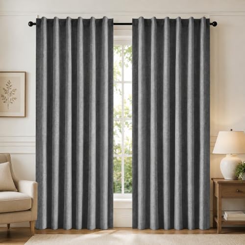 100% Blackout Linen Curtains for Living Room Bedroom 72 Inch Long (Light Grey/Linen 100% Blackout / 52"W x 72"L (Pack of 2))