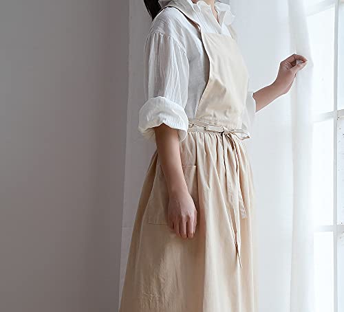 Women Cotton Linen Cross Back Apron with Pockets for Gardening Works Pinafore Dress (Wheat)