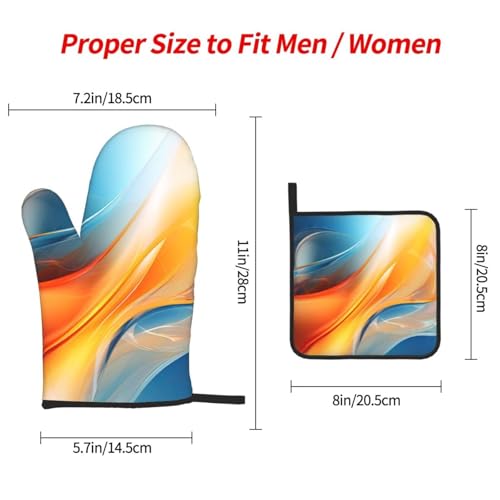 Burnt Orange Blue Abstract Fluid Oven Mitts and Pot Holders Sets of 3 (Blue Orange)