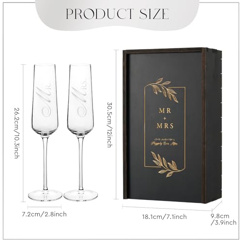 Mr Mrs Gifts Wedding Champagne Flutes (Mr + Mrs（Black） / Set of 2（Wooden box）)