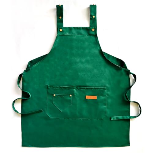 Chef Apron Bib Apron with 2 Large Pockets Adjustable Neck Strap Kitchen Apron Cooking Apron Stripes Baking Apron (Green)