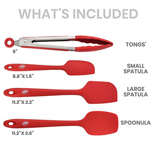 Silicone Spatula Set 4 Pcs Rubber Spatulas Silicone Heat Resistant 600°F (3 Pcs + Tongs Red)