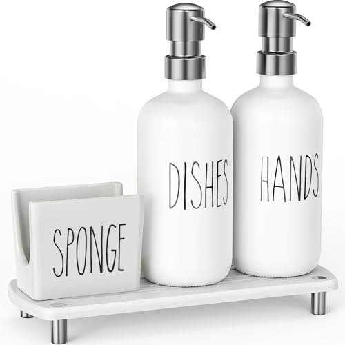 Kitchen Soap Dispenser Set Comes with Ceramics Sponge Holder (Silver + White + Sponge Holder)