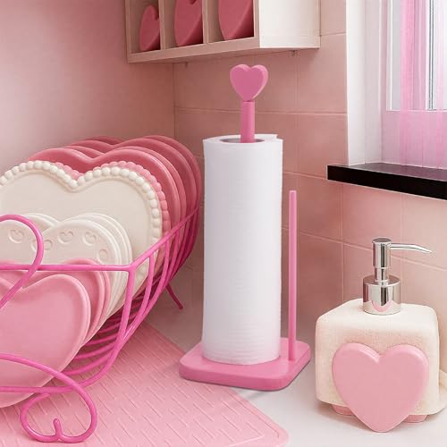 Valentines Day Pink Heart Paper Towel Holder Cute Heart Wooden Paper Towel Holder Pink Bathroom Countertop Accessories Kitchen Roll Stand Organizer Standing Apartment Decor Housewarming Gift (Heart)