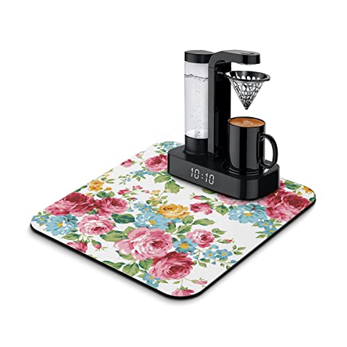 Coffee Bar Mat Accessories for Countertop Absorbent Hide Stain Rubber Backed Dish Drying Mats for Kitchen Counter Draining Pad Decor Gift (Pink Red Roses Floral / 16" x 18")