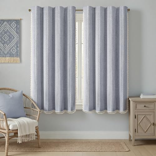 Blue 100% Boho Blackout Curtains 63 Inch 2 Panels with Tassels (Blue / 52"W x 63"L (Pack of 2))