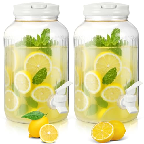 2 Pieces 1 Gallon Plastic Beverage Dispenser with Spigot Striped Clear Large Drink Beverage Dispenser Summer Fridge Water Container with Tap for Party Iced Tea (White)