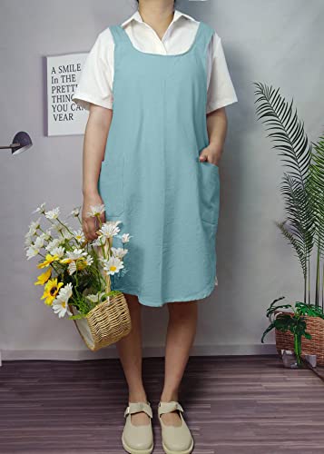 Cotton Cross Back Aprons Solid Color Cooking Kitchen Garden Smock for Women Girls with Pockets (Green / 37W x 32L)