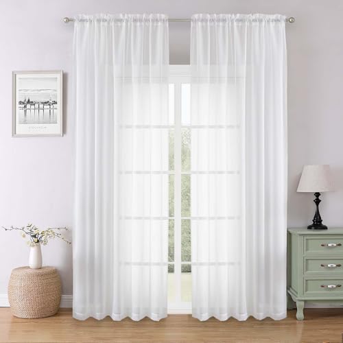 White Sheer Curtains 90 Inches Long 2 Panels (White / 59"W x 90"L (Pack of 2))