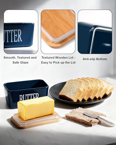 Butter Dish Ceramic with Lid and Knife for Countertop (Blue)