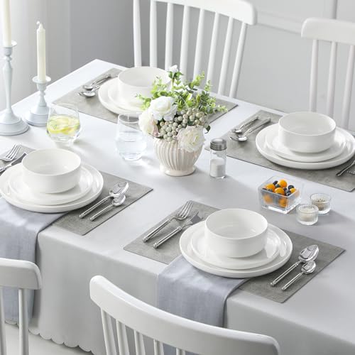 12 Pcs Porcelain Plates and Bowls Sets (Ivory White / 12 Pcs (Service for 4))