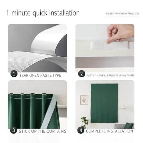 Blackout Curtains for Bedroom Stick On Curtains Window Shades Pull Down Blackout Window Cover No Drillng Self Adhesive Curtains No Rod Small Curtain (59"W x 71"L (Pack of 1) / Dark Green)