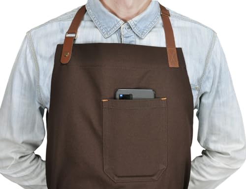 Mens Womens Kitchen Apron with Pockets & Towel Loop (Brown)