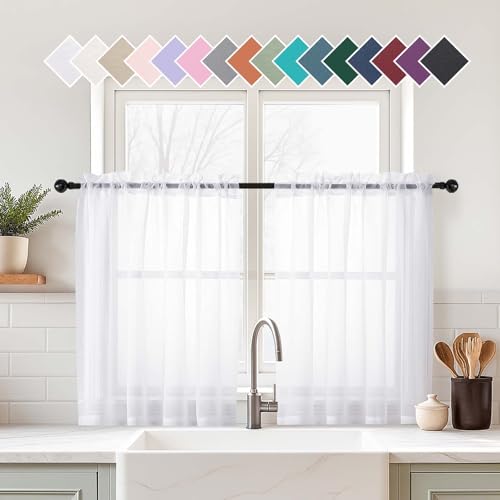 White Sheer Curtains Tier 36 Inches Length 2 Panels Set (42"W x 36"L (Pack of 2) / White)