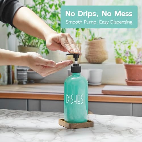 Turquoise Glass Dish Soap Dispenser with Acacia Wood Tray (Turquoise-dish)