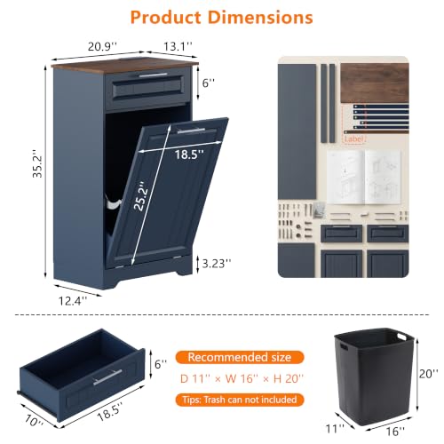 Single 10 Gallon Tilt Out Trash Can Cabinet with Deodorizing Function (Blue / 13.11"D x 20.91"W x 35.2"H(Single))