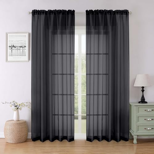 Black Sheer Curtains 84 Inches Long 2 Panels (Black / 59"W x 84"L (Pack of 2))