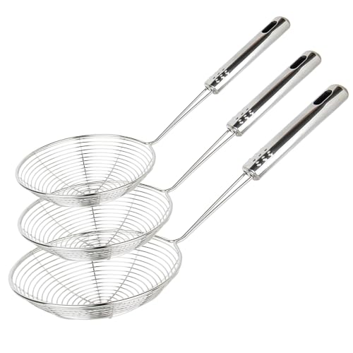 Spider Strainer Set of 3 Asian Strainer Ladle Stainless Steel Wire Skimmer Spoon with Handle for Kitchen Frying Food (4.3", 4.9", 5.7")