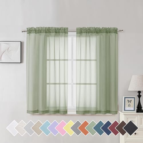 Window Green Sheer Curtains 45 Inch Length 2 Panels Small Sheer Curtains & Drapes Clear Basic Rod Pocket Panel Bedroom Children Living Room Yard Kitchen (40"W x 45"L (Pack of 2) / Sage Green)