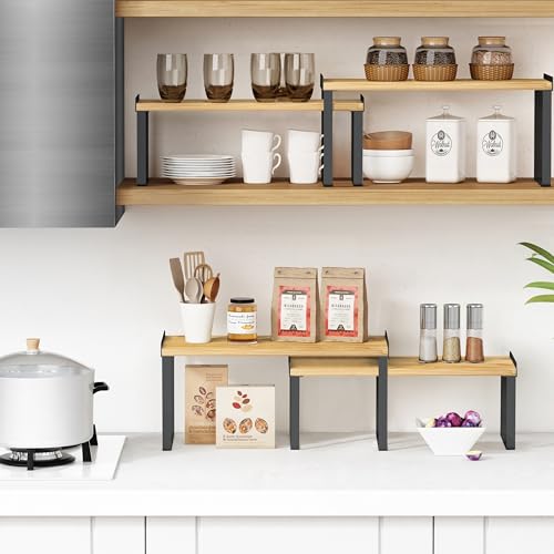 Kitchen Cabinet Shelf Organizer Set of 4 (Large / Black-bamboo)