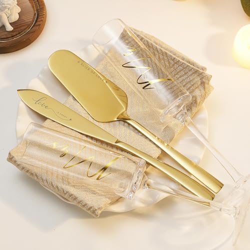 4Pcs Mr and Mrs Champagne Flutes with Gold Wedding Cake Knife (Love is Sweet（Gold Cake Knife） / Set of 4（Gift box）)