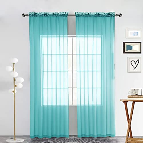 Sheer Voile Window Treatment Rod Pocket Curtain Panels for Kitchen Bedroom Living Room Drapes Sunlight Filtering Privacy Semi Home Decor Assorted Colors Sizes (Turquoise / 52"W x 54"L (Pack of 2))