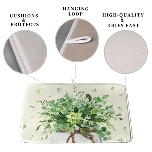 Spring Sage Green Leaves Dish Drying Mat for Kitchen Counter Eucalyptus Leaf Floral Mason Jar Dishes Drainer Mats Absorbent Microfiber Dish Draining Mat Reversible Dish Pad 16x18 Inch (Sage Green Leaves Vase / 16" x 18")