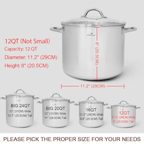 12 Quart LARGE Stock Pot with Glass Lid (12 Quarts / Mirror Polished Stainless Steel)