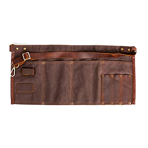 Waterproof Waxed Canvas Tool Apron With the Adjustable Genuine Leather Belt (Brown)