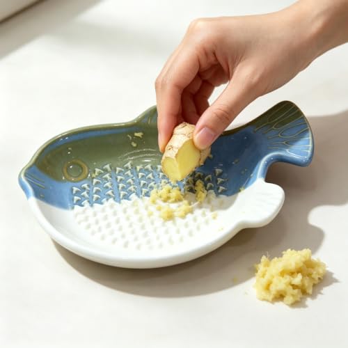 1PCS Ceramic Garlic Ginger Grater Plate with Brush 4.8 Inch (Fish-Shape)
