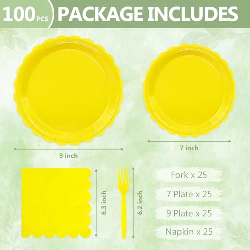 100 Cute Yellow Paper Plates and Napkins Disposable for Party (Yellow 100 Plate Set / 7 & 9-inch Set)