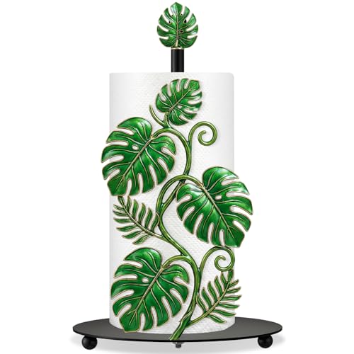 Tropical Monstera Paper Towel Holder with Round Base Boho Bathroom Decor Green Leaf Dispenser Kitchen Paper Holder Stand for Countertop Toilet Home Accessories (Multicolored)
