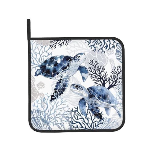 Coastal Oven Mitts and Pot Holders Sets of 2 Summer Kitchen Mitts Blue Sea Turtle Hot Pads for Cooking Baking Grilling (Navy Blue Coastal)
