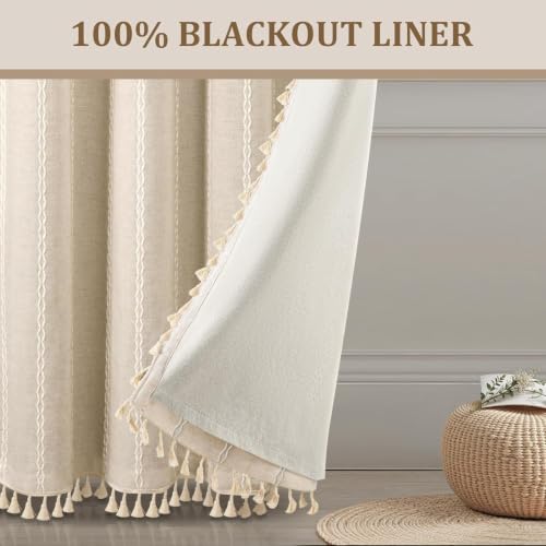Boho 100% Blackout Curtains 2 Panels Linen Blend Beige 52W X 70L (Beige / 52"W x 70"L (Pack of 2))
