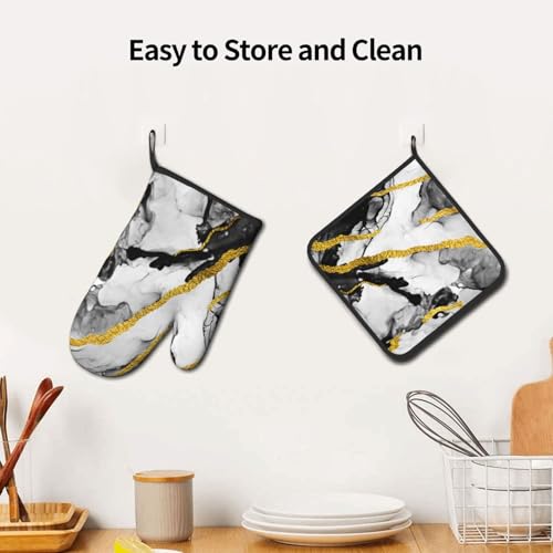 Black White Marble with Gold Stripes Oven Mitts and Pot Holders Set of 3 (Black-gold-marble)