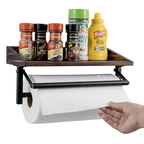 Black Metal Paper Towel Holder Wall Rack with Rustic Wood Shelf (Matte Black Metal Paper)