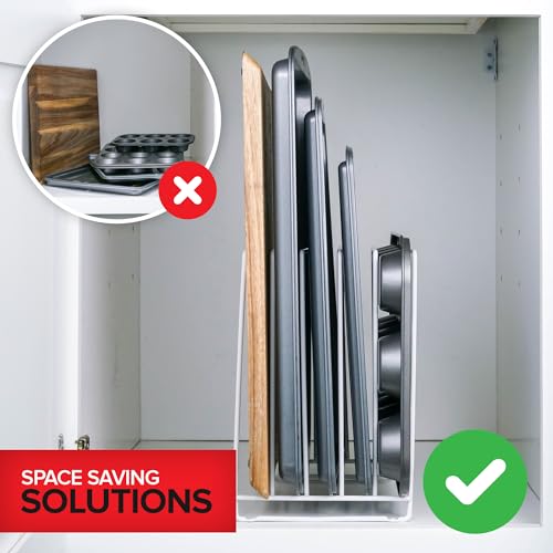 White (2 Pack) Extra Tall Steel Baking Pan Organizer Rack for Cabinet Storage or Kitchen Counter, Cookie Baking Sheet Organizer with Dividers, Muffin Tin and Cutting Board Holder (White)
