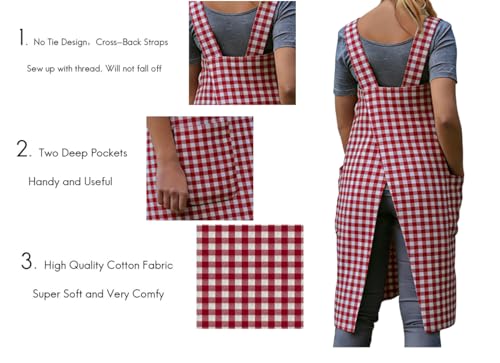 Women's Pinafore Square Apron Baking Cooking Gardening Works Cross Back Cotton (XX-Large / Plaid-red)