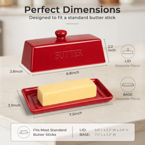 Butter Dish With Lid for Countertop (Red)