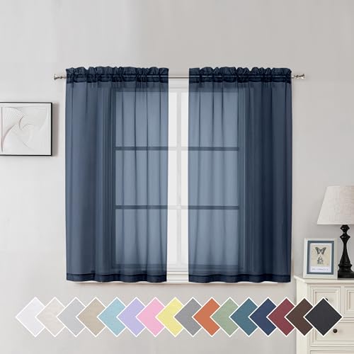 Navy Blue Sheer Curtains 45 inch Length 2 Panels Set for Farmhouse Kitchen Room (40"W x 45"L (Pack of 2) / Navy Blue)